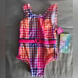 Pink Platinum Girls Belted One-Piece Plaid Swimsuit